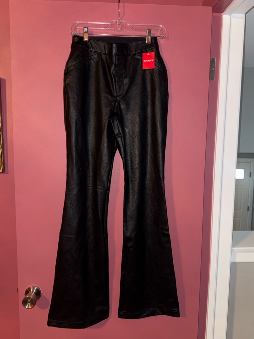 SPANX Black Faux Leather flare pants NWT